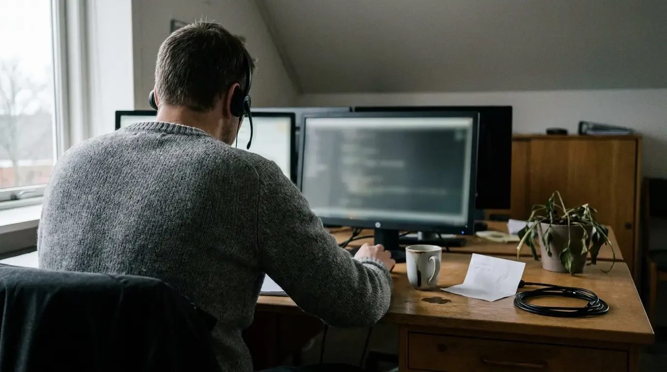 IT-supporter med headset besvarer en kundehenvendelse fra et dansk kontor